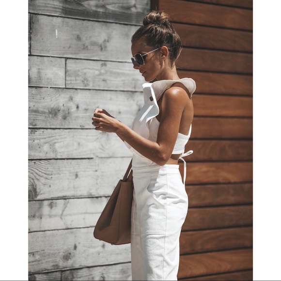 White Denim Ruffle Open Back Jumpsuit - Picture 6 of 8